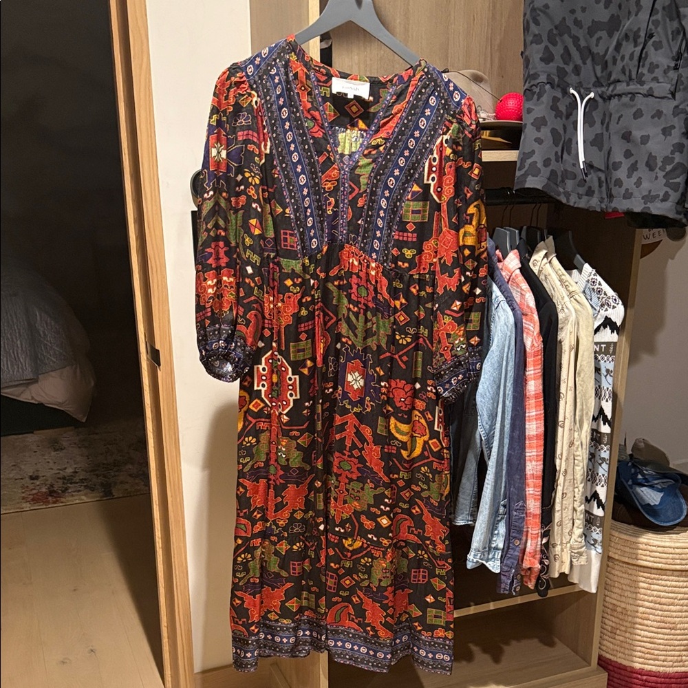 ba&sh Multicolor Floral Patchwork Midi Dress with Navy Accents